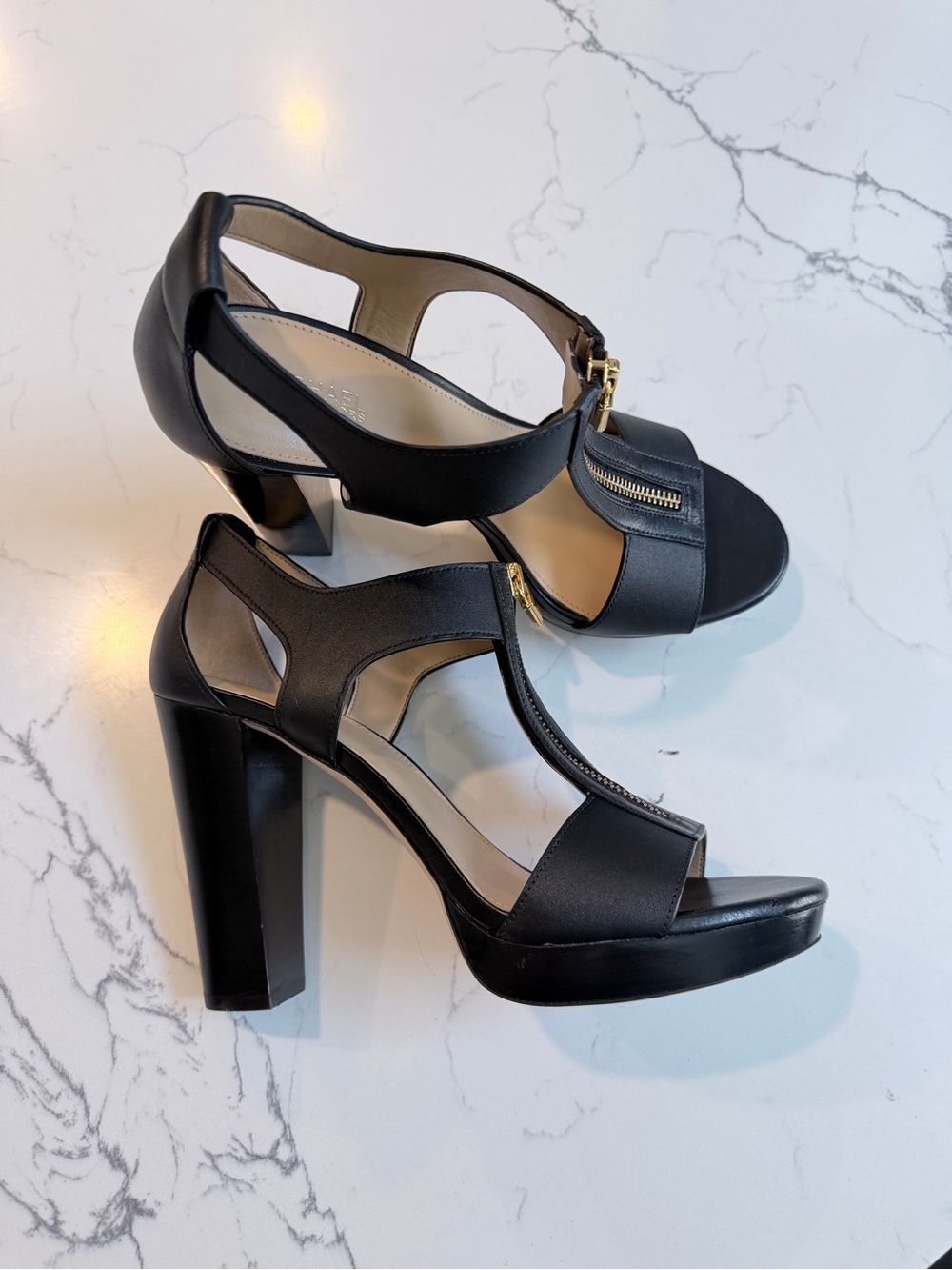 MICHAEL Michael Kors Black High Heel Sandals with Gold Zipper Detail - Picture 5 of 12